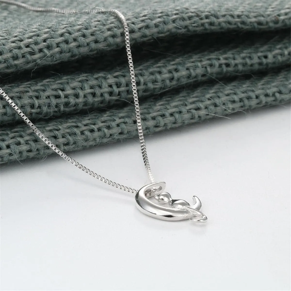 Sterling Silver Moon & Cat Pendant Necklace