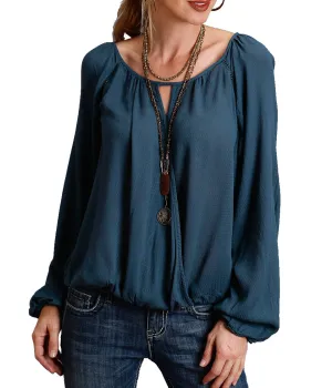 Stetson© Women's Blue Crinkle Crepe Blouse