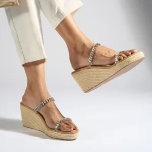 Strapped Embellished Jute Wedge