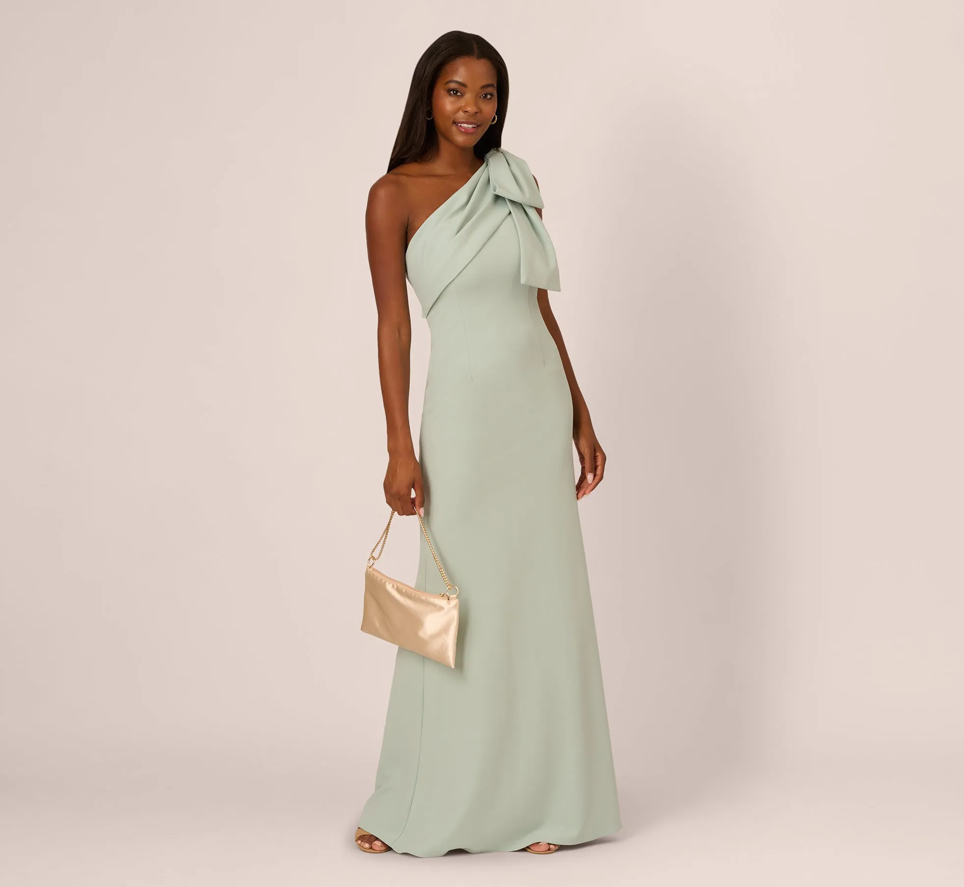 Stretch Crepe One Shoulder Mermaid Gown With Bow Accent In Icy Sage