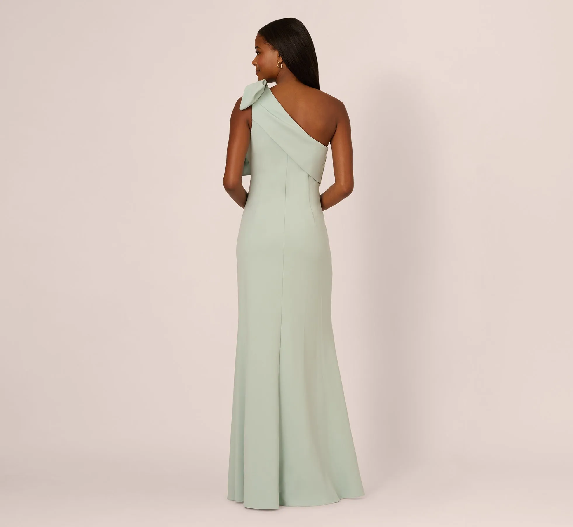 Stretch Crepe One Shoulder Mermaid Gown With Bow Accent In Icy Sage