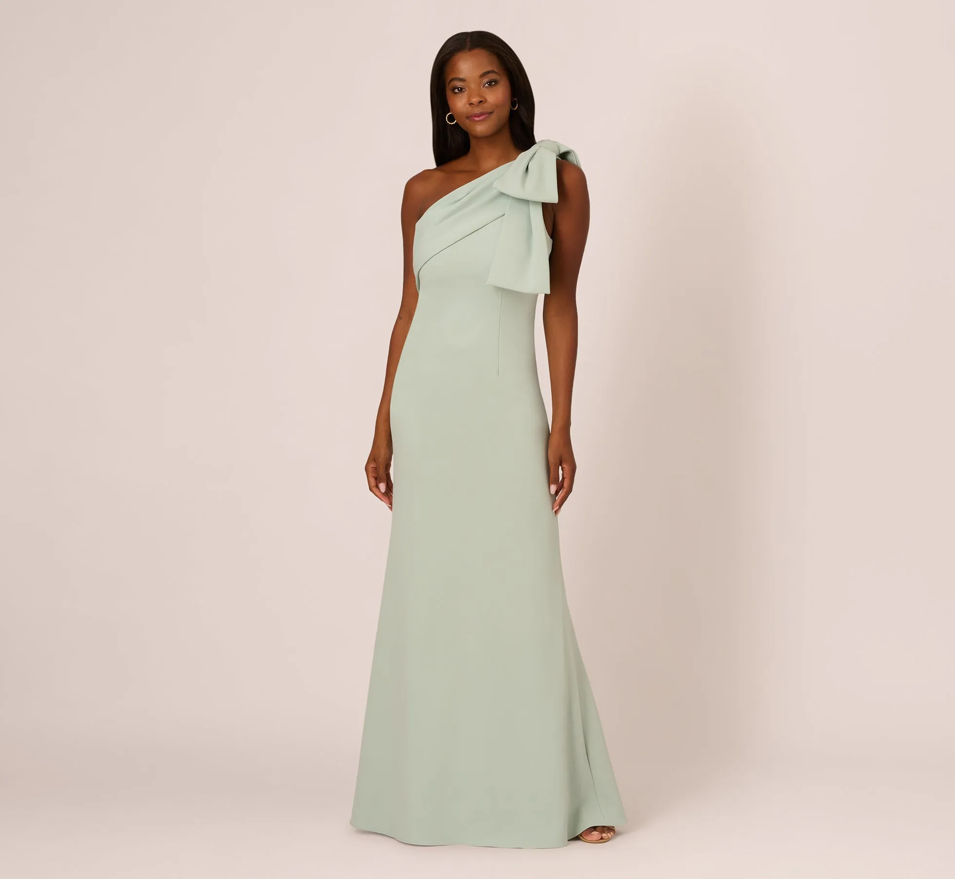 Stretch Crepe One Shoulder Mermaid Gown With Bow Accent In Icy Sage