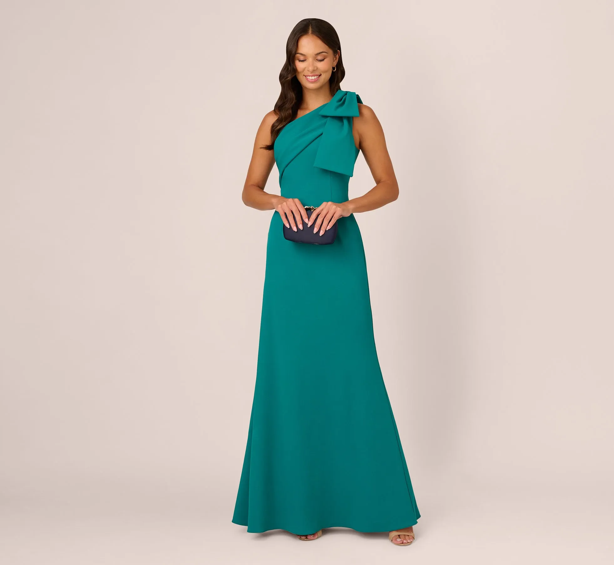 Stretch Crepe One Shoulder Mermaid Gown With Bow Accent In Tempo Teal