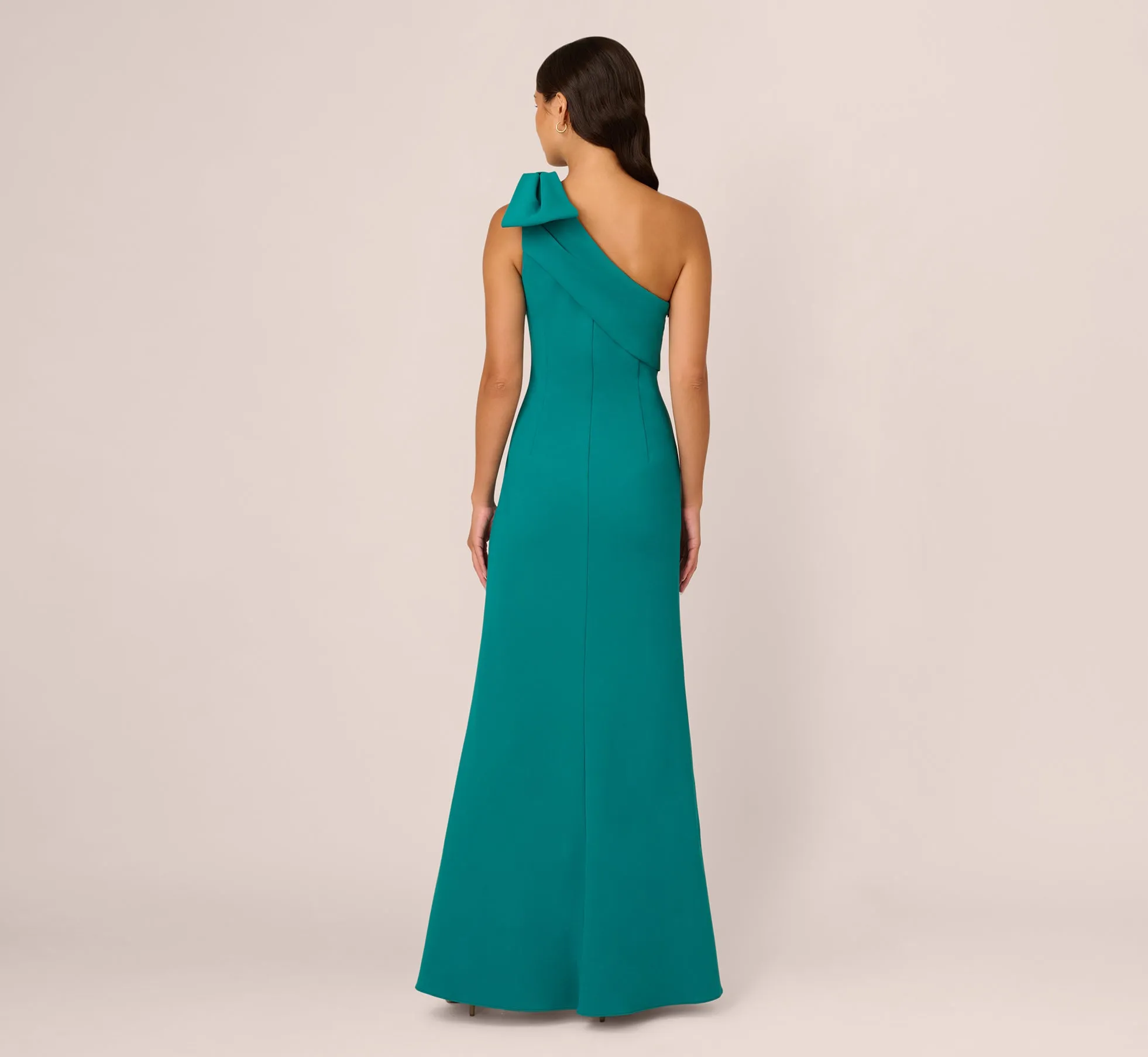 Stretch Crepe One Shoulder Mermaid Gown With Bow Accent In Tempo Teal