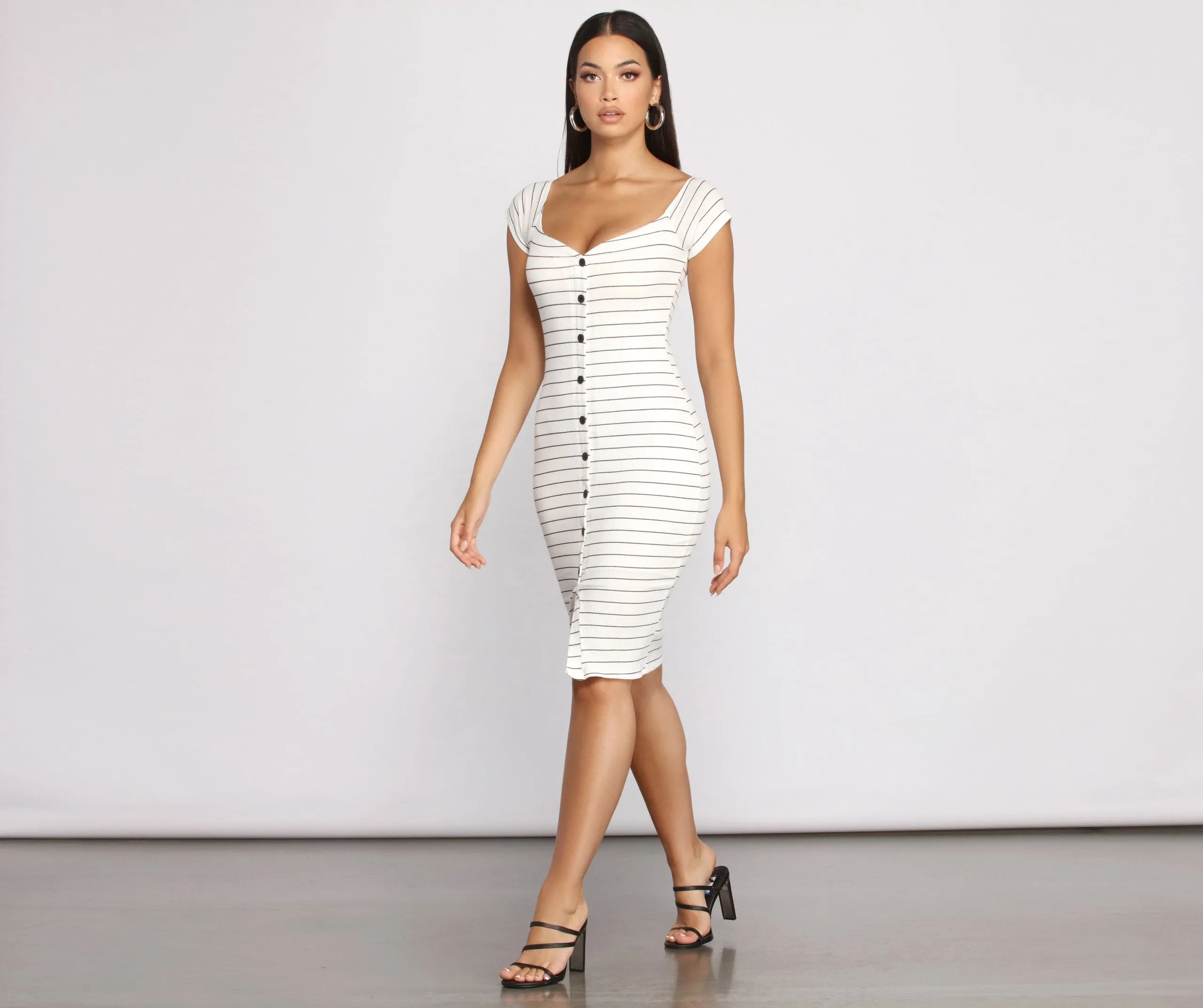 Stripe It Down Ribbed Graceful Button Down Midi Dress