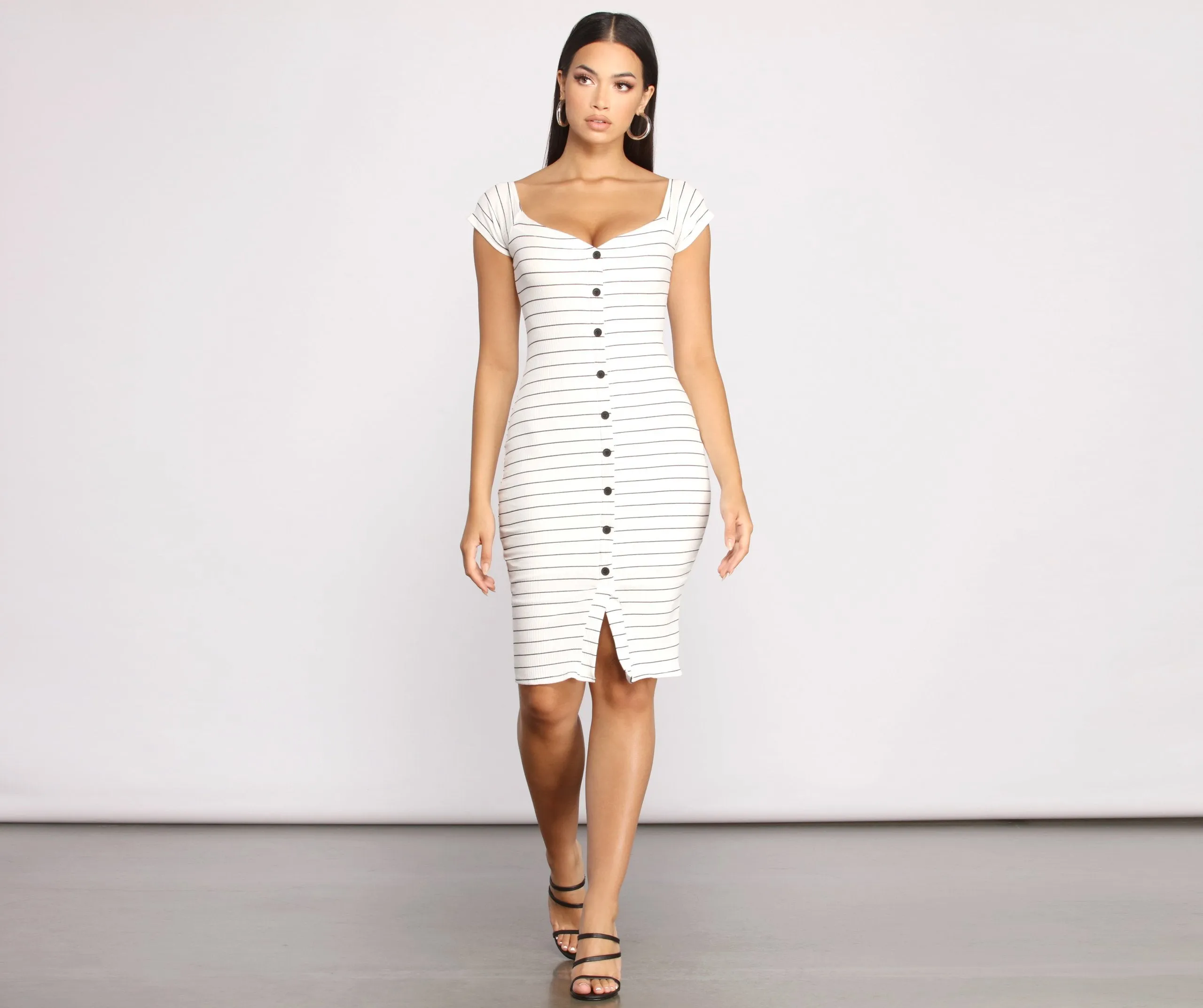 Stripe It Down Ribbed Graceful Button Down Midi Dress