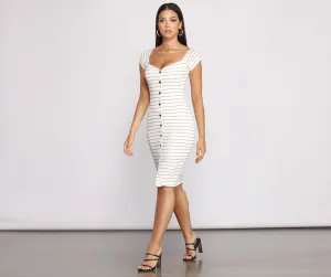 Stripe It Down Ribbed Graceful Button Down Midi Dress