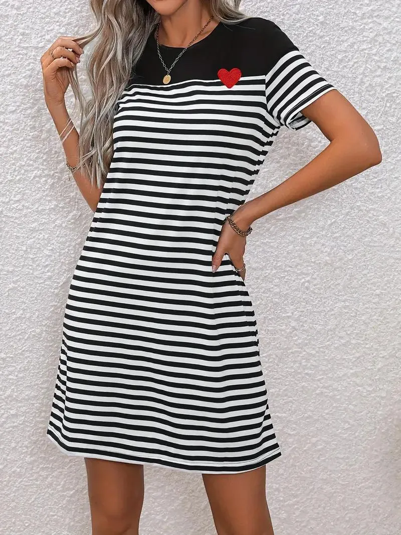 Striped A-Line Dress with Heart Detail