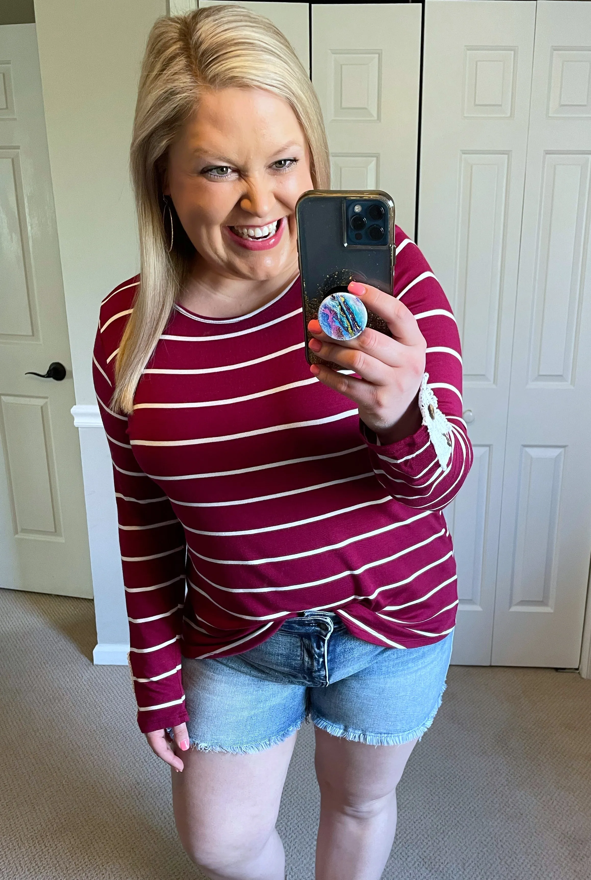 Striped Lace Back Tee in Dark Raspberry