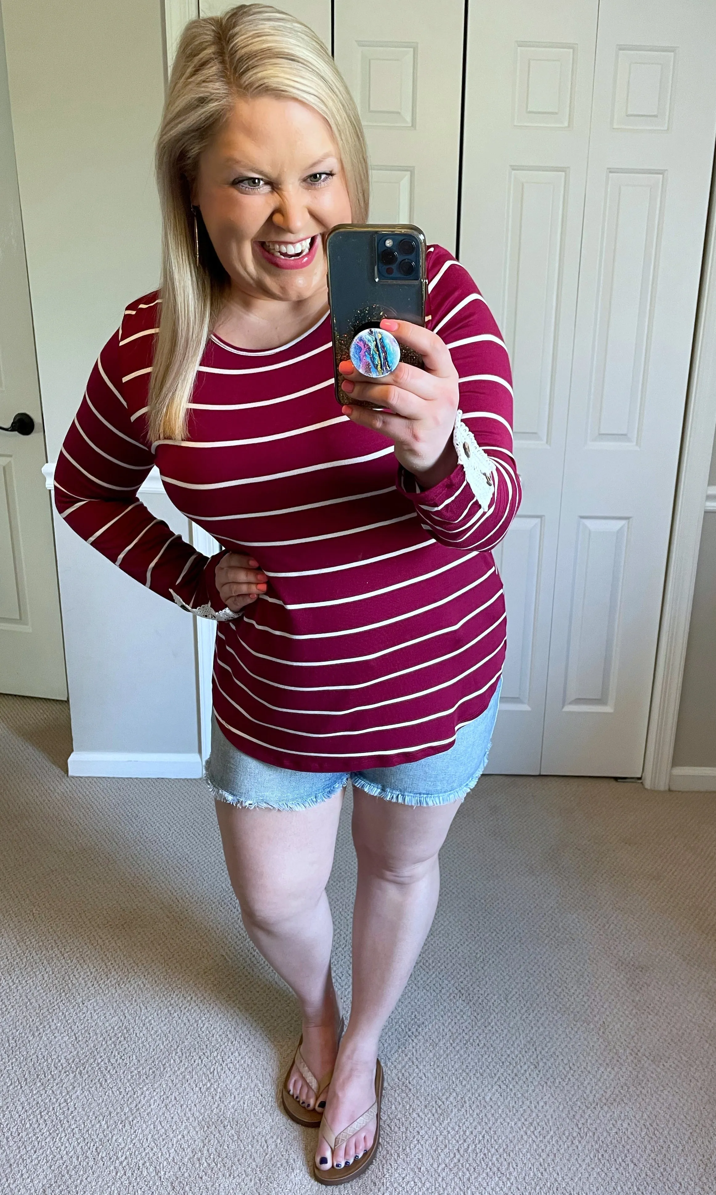 Striped Lace Back Tee in Dark Raspberry