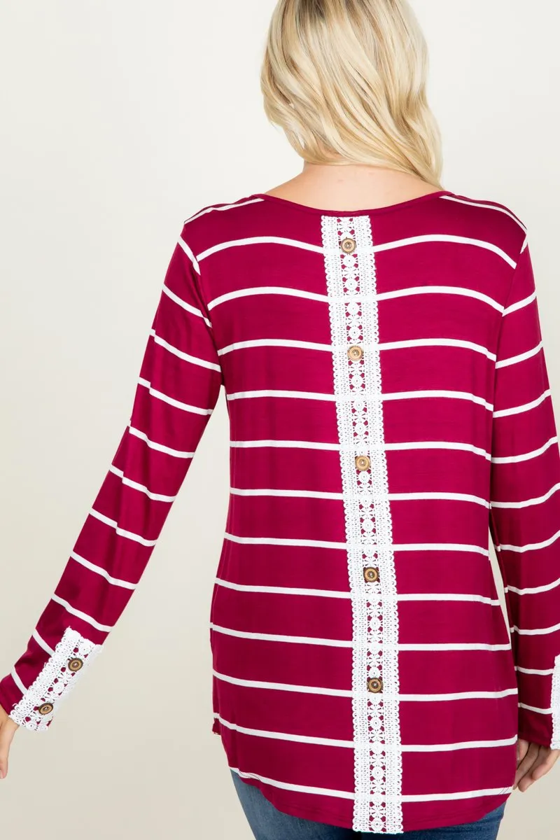 Striped Lace Back Tee in Dark Raspberry