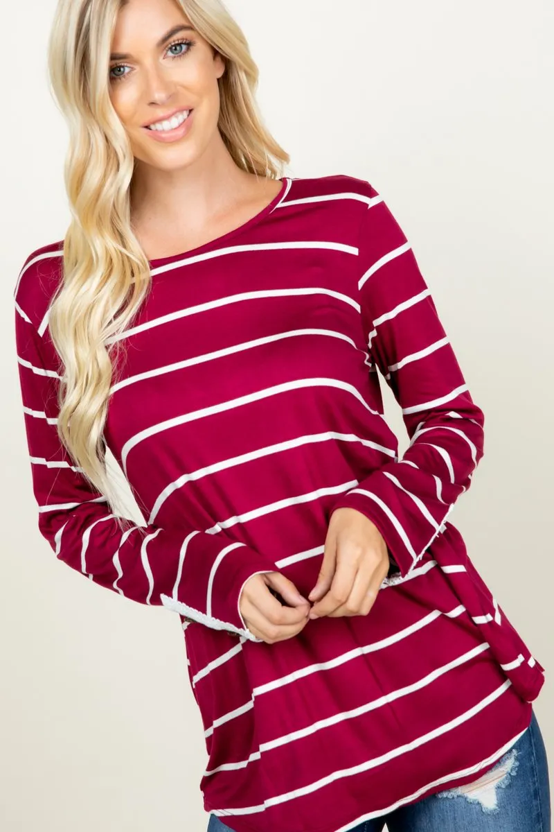 Striped Lace Back Tee in Dark Raspberry