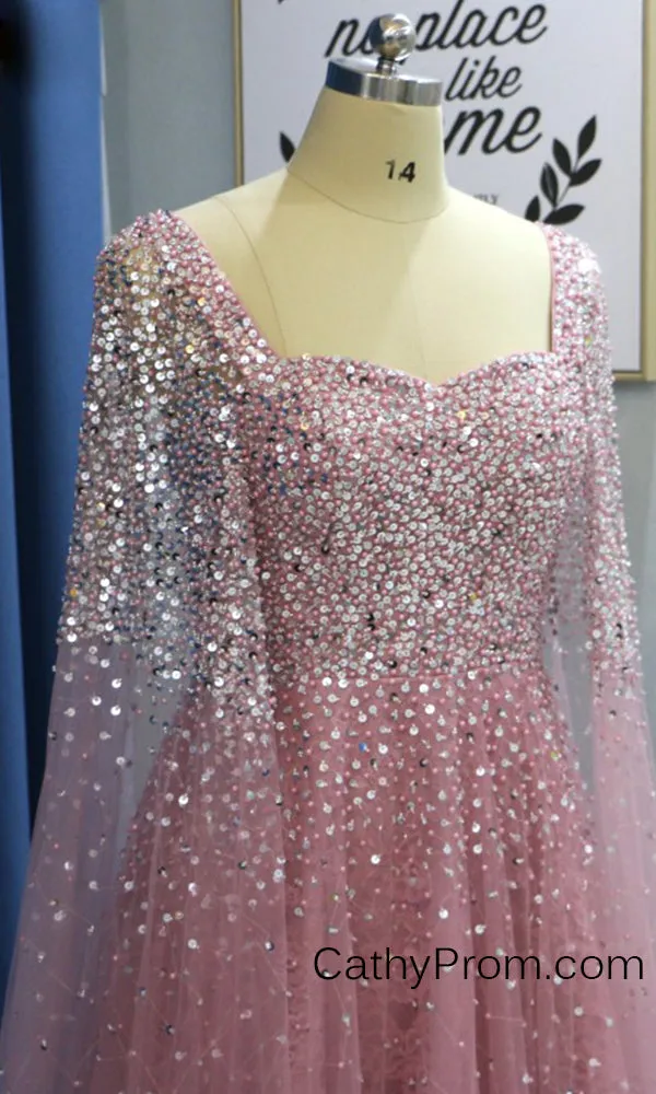 Stunning Beading A Line Long Prom Dresses Sweetheart Arabic Prom/Evening Dress with Sleeves HSC2210
