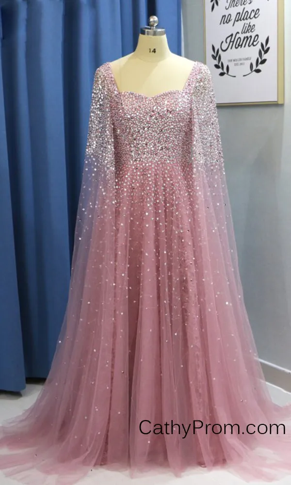 Stunning Beading A Line Long Prom Dresses Sweetheart Arabic Prom/Evening Dress with Sleeves HSC2210