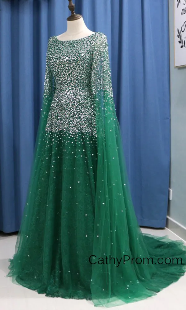 Stunning Beading A Line Long Prom Dresses Sweetheart Arabic Prom/Evening Dress with Sleeves HSC2210