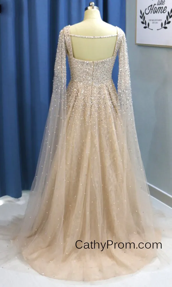Stunning Beading A Line Long Prom Dresses Sweetheart Arabic Prom/Evening Dress with Sleeves HSC2210