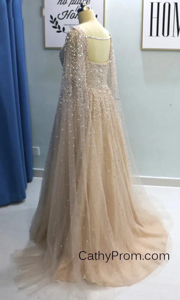 Stunning Beading A Line Long Prom Dresses Sweetheart Arabic Prom/Evening Dress with Sleeves HSC2210