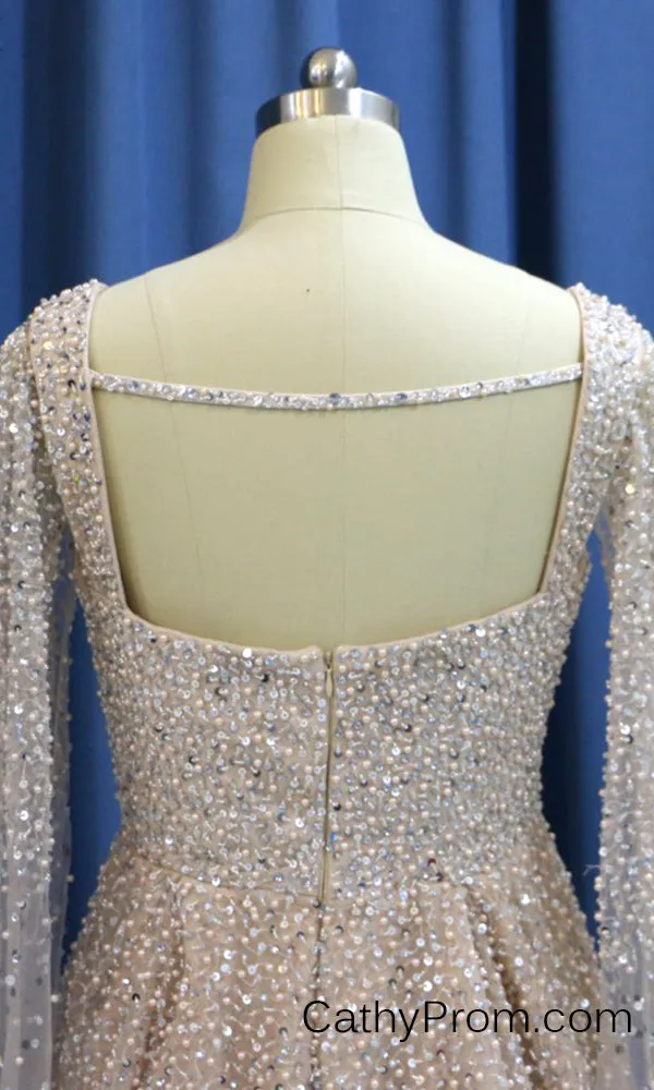 Stunning Beading A Line Long Prom Dresses Sweetheart Arabic Prom/Evening Dress with Sleeves HSC2210