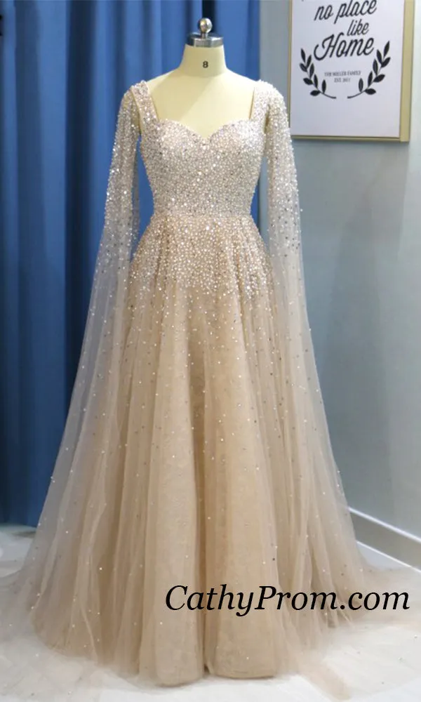 Stunning Beading A Line Long Prom Dresses Sweetheart Arabic Prom/Evening Dress with Sleeves HSC2210