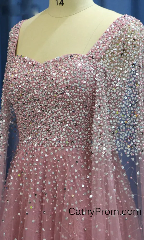 Stunning Beading A Line Long Prom Dresses Sweetheart Arabic Prom/Evening Dress with Sleeves HSC2210
