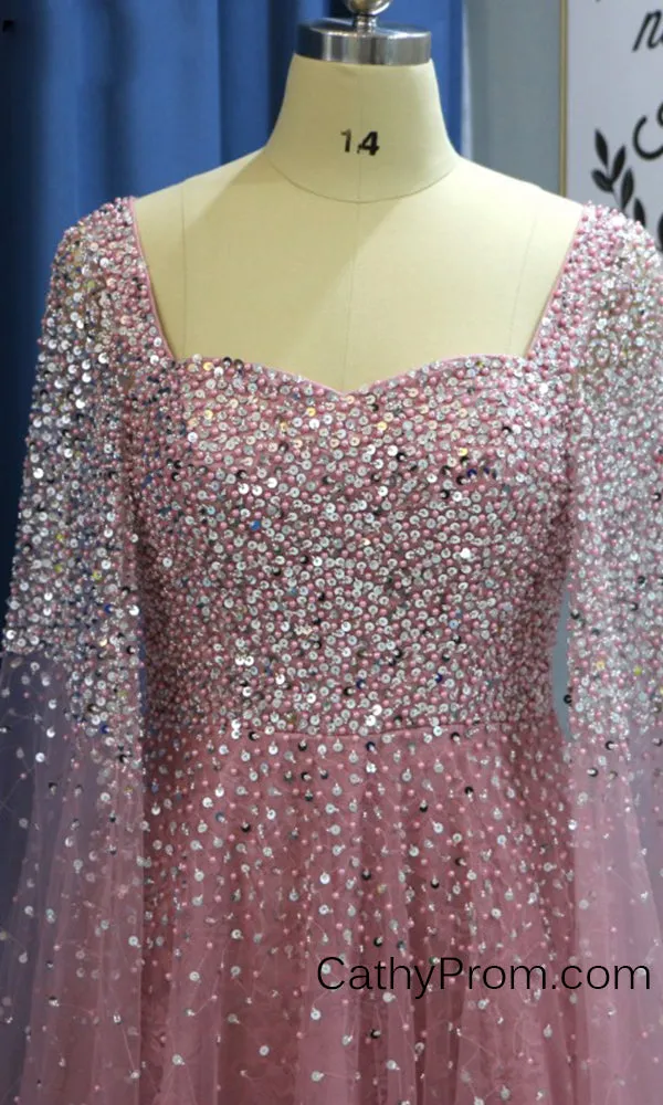 Stunning Beading A Line Long Prom Dresses Sweetheart Arabic Prom/Evening Dress with Sleeves HSC2210
