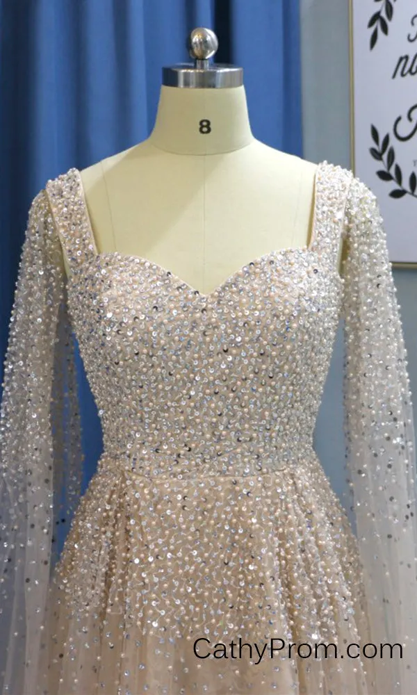 Stunning Beading A Line Long Prom Dresses Sweetheart Arabic Prom/Evening Dress with Sleeves HSC2210