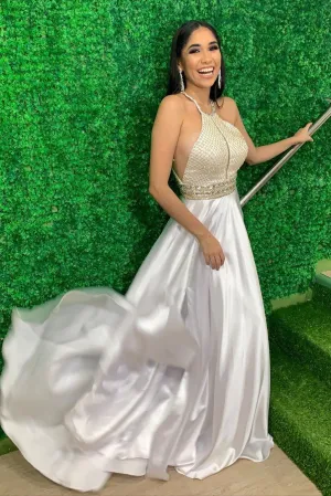 Stunning Cheap A Line Halter Beaded Long Satin Prom Dress Long Evening Dresses OHC510