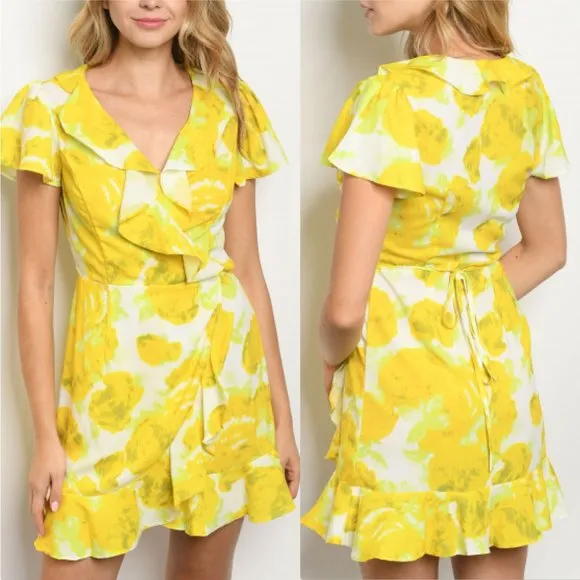 Sun Drenched Yellow Floral Wrap Mini Dress