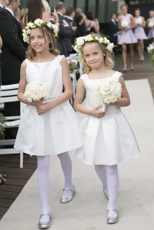 Sweet Bateau Sleeveless White Satin Knee Length Short Flower Girl Dresses OHR036