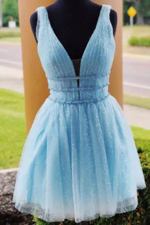 Sweet V-Neck Open Back Homecoming Party Dress with Beading OHM048