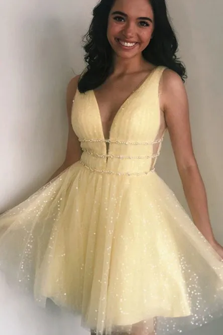 Sweet V-Neck Open Back Homecoming Party Dress with Beading OHM048