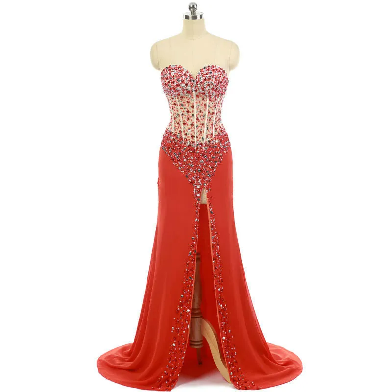 Sweetheart Mermaid Prom Dresses,Ombre Chiffon Prom Dress,Beaded Red Evening Dress