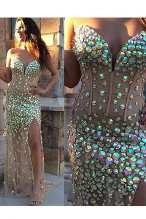 Sweetheart Sheath Long Tulle Backless Champagne Prom Dress With Beading LPD075