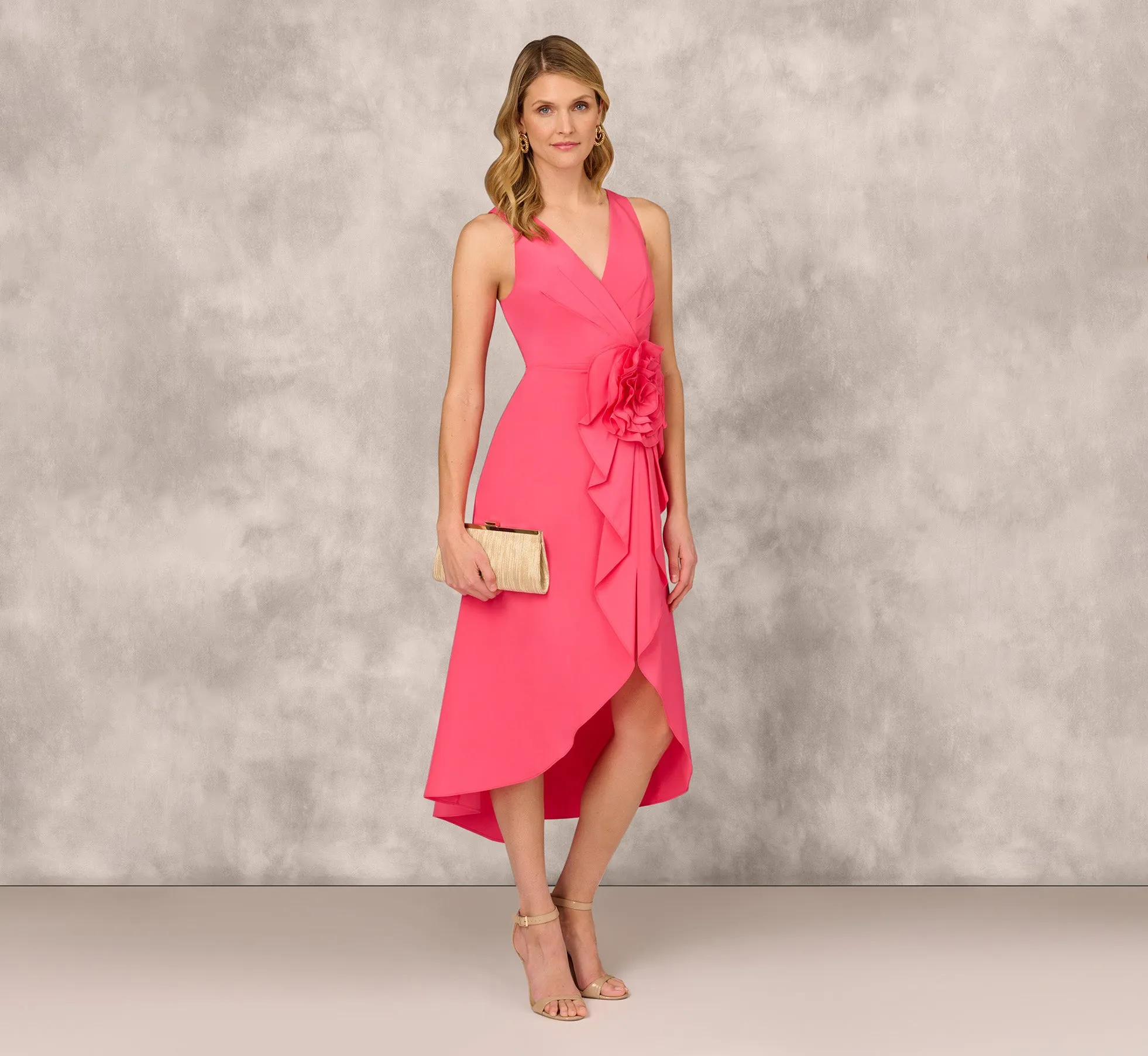 Taffeta Halter Midi Dress With Large Floral Accent In Petunia