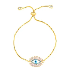 Teal Cubic Zirconia & 18K Gold-Plated Evil Eye Adjustable Bracelet