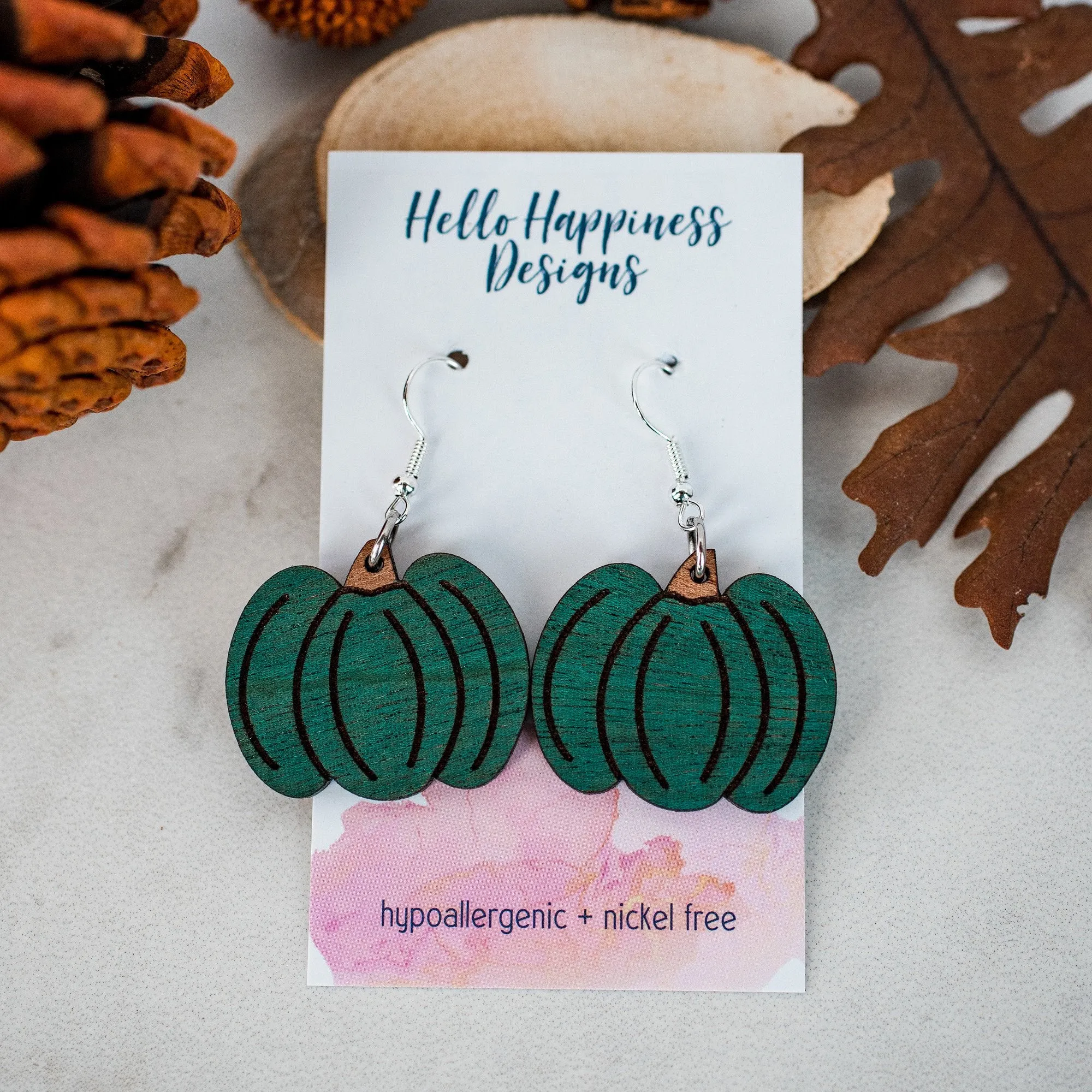 Teal Pumpkin Wooden Dangle Earrings