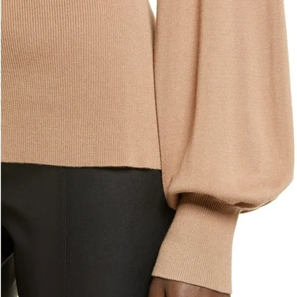 Tie Back Belt Ribbed Mocha Mousse Sweater Mock Neck Billow Sleeve Size L NWT