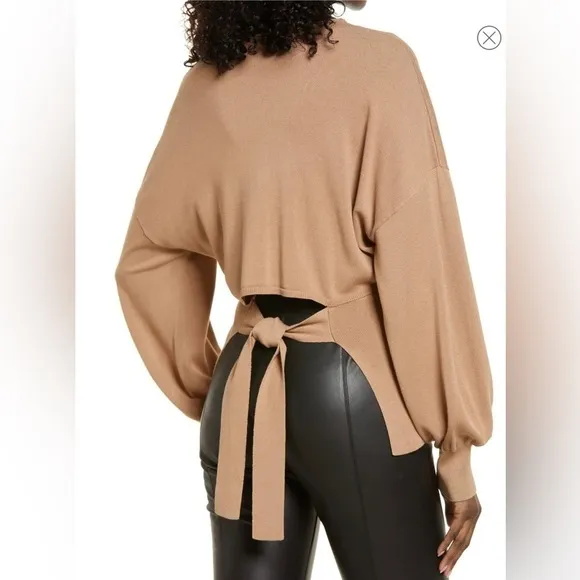 Tie Back Belt Ribbed Mocha Mousse Sweater Mock Neck Billow Sleeve Size L NWT