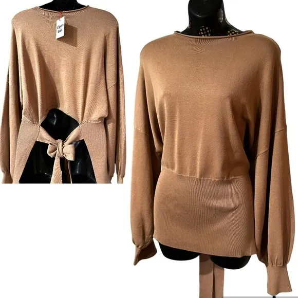 Tie Back Belt Ribbed Mocha Mousse Sweater Mock Neck Billow Sleeve Size L NWT