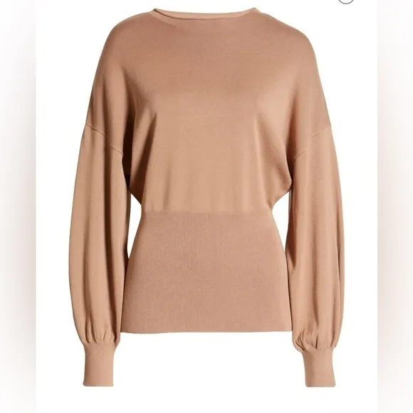 Tie Back Belt Ribbed Mocha Mousse Sweater Mock Neck Billow Sleeve Size L NWT