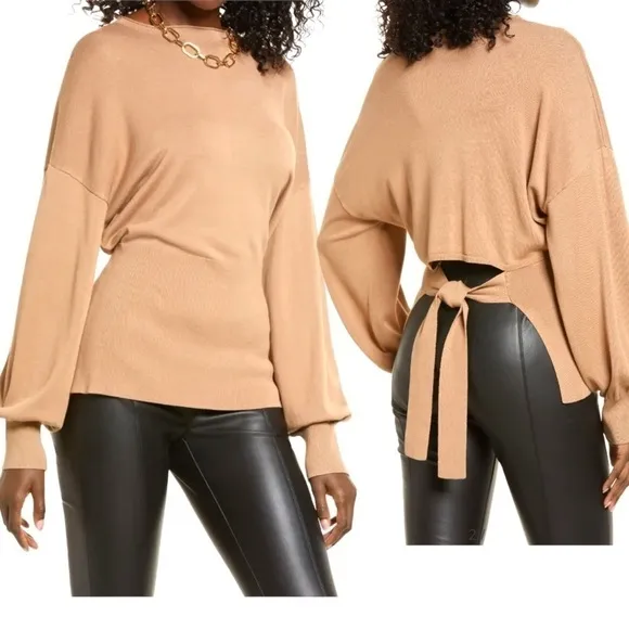 Tie Back Belt Ribbed Mocha Mousse Sweater Mock Neck Billow Sleeve Size L NWT