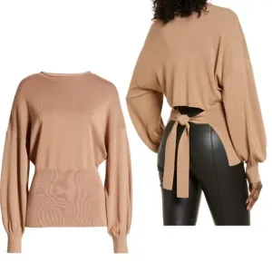 Tie Back Belt Ribbed Mocha Mousse Sweater Mock Neck Billow Sleeve Size L NWT