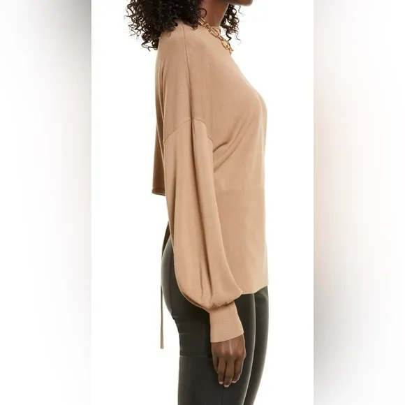 Tie Back Belt Ribbed Mocha Mousse Sweater Mock Neck Billow Sleeve Size L NWT