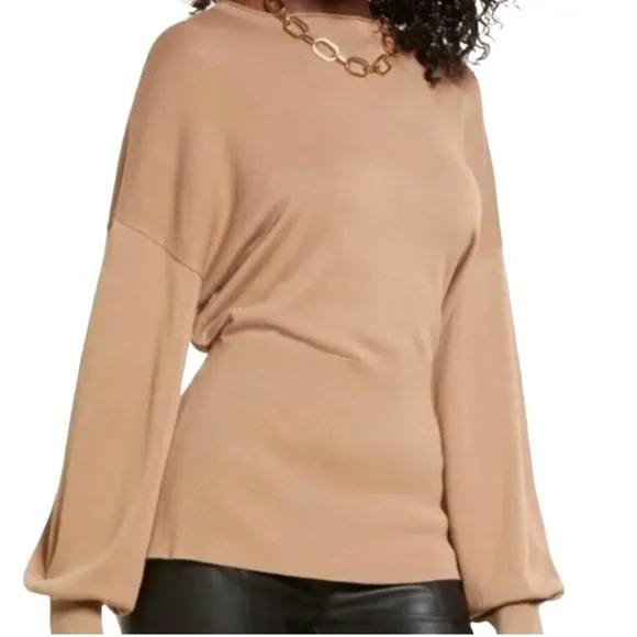 Tie Back Belt Ribbed Mocha Mousse Sweater Mock Neck Billow Sleeve Size L NWT