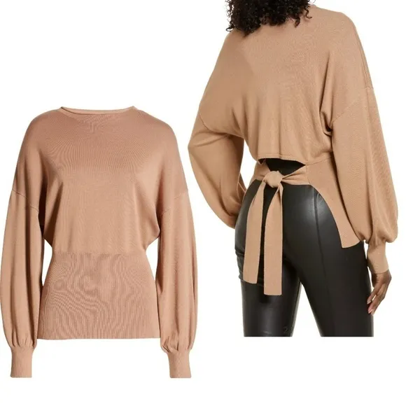Tie Back Belt Ribbed Mocha Mousse Sweater Mock Neck Billow Sleeve Size L NWT