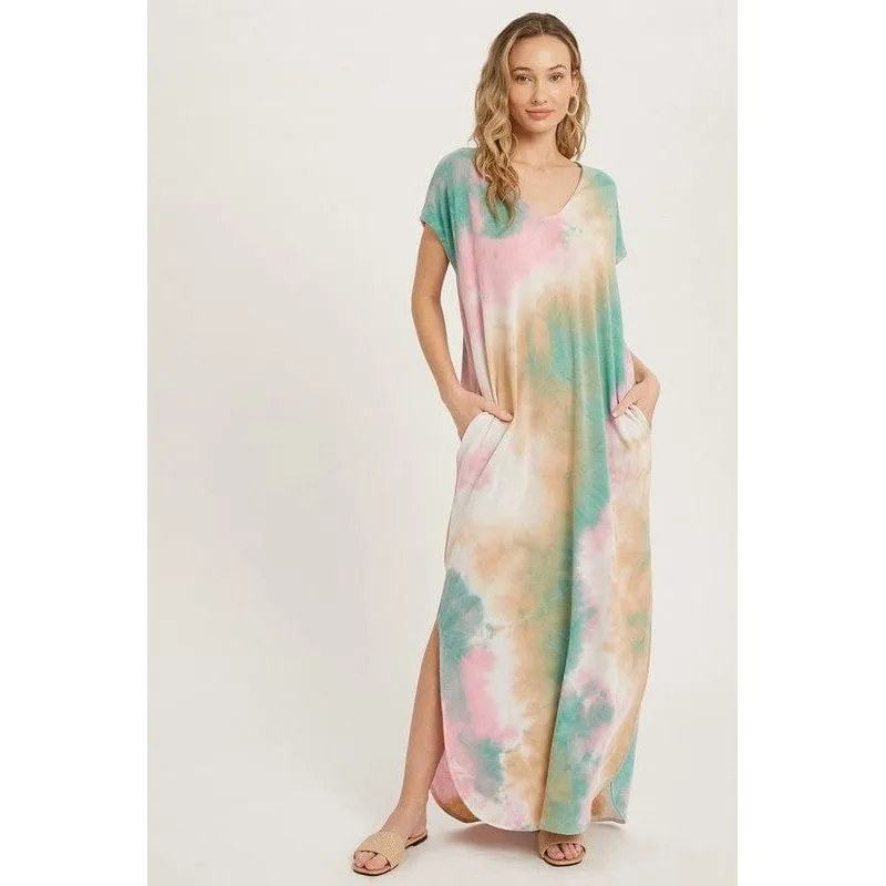 Tie dye maxi jersey dress with pockets
