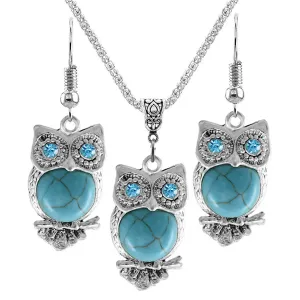 Turquoise & Cubic Zirconia Owl Earrings & Pendant Necklace