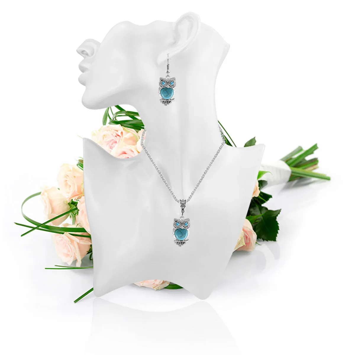 Turquoise & Cubic Zirconia Owl Earrings & Pendant Necklace