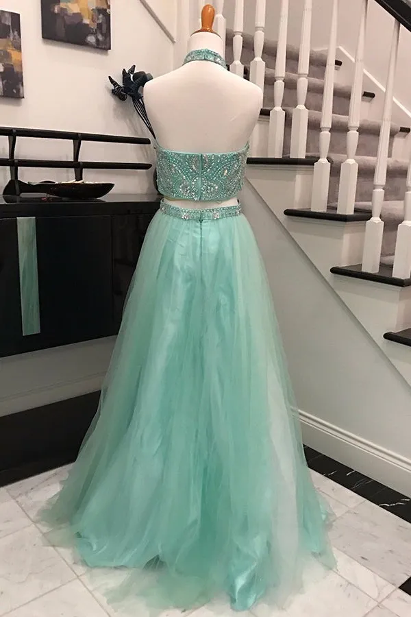 Two Piece A-line Halter Backless Long Mint Prom Dress with Beading Pearls P79