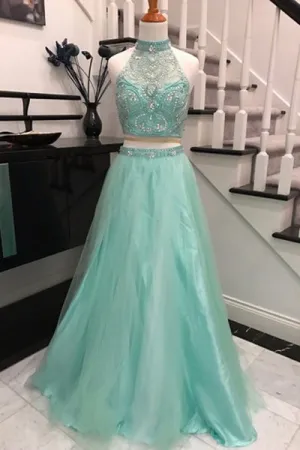 Two Piece A-line Halter Backless Long Mint Prom Dress with Beading Pearls P79